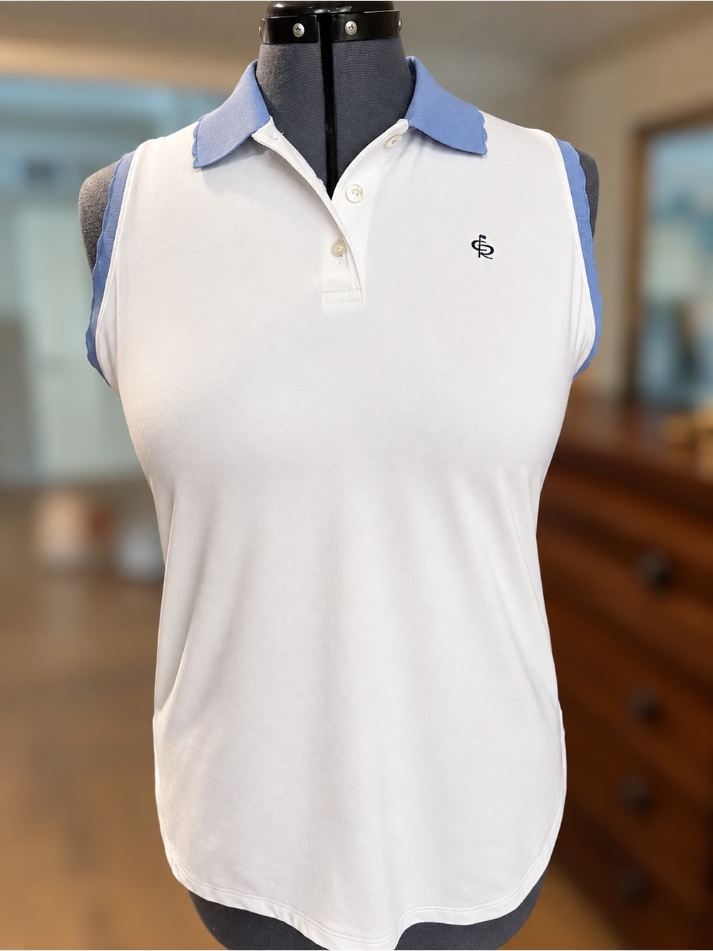 Peter Millar White Sleeveless Polo with Light Blue Trim